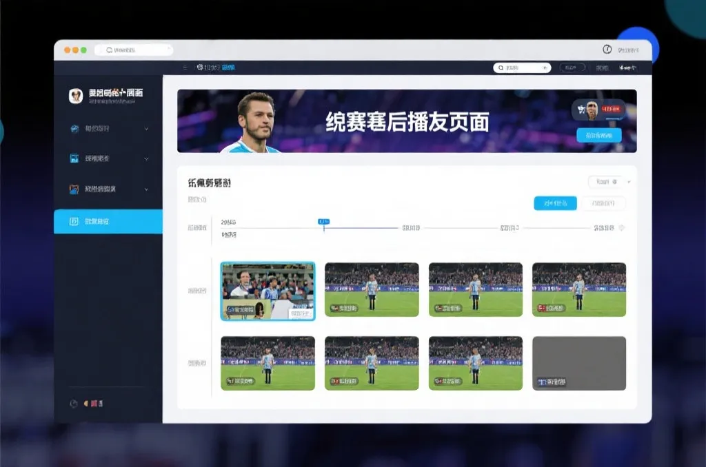 比赛结束后，电视屏幕展示集锦回放页面，旁边有时间轴和多角度切换提示